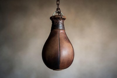 Vintage leather punching bag hanging