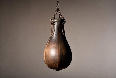 Vintage leather punching bag hanging