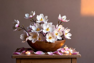 Flowers and candles on wooden table