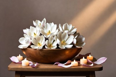 White flowers and candles in bowl