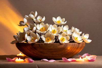 Bowl filled with flowers and candles