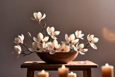 Flowers in a wooden bowl with candles