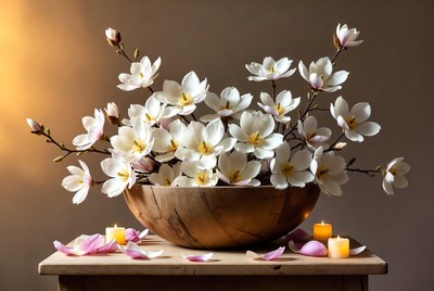 White flowers in wooden bowl display