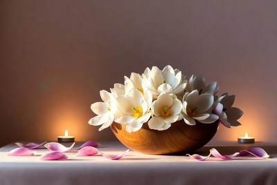 Flowers in wooden bowl with candles
