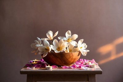 White flowers in wooden bowl