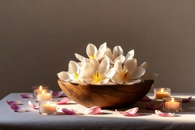 Flowers and candles on a table