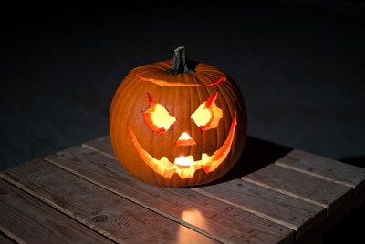 Halloween pumpkin on wooden table