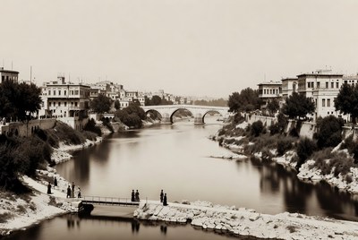 River scene with bridge and people
