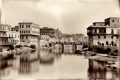 Historic view of a river bridge