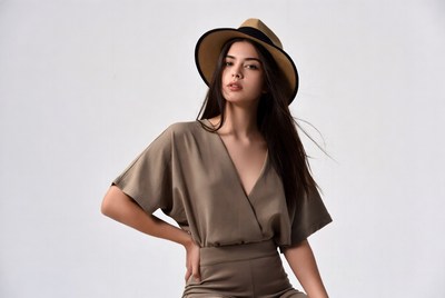 Model poses in studio setting with hat