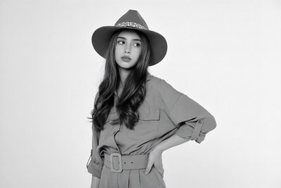 Woman models fashion outfit indoors