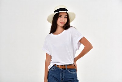 Model poses in white shirt and hat