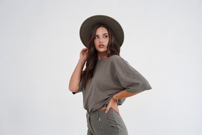 Fashion model poses with hat indoors
