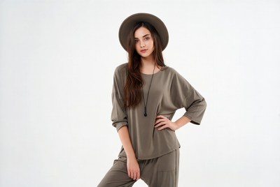 Model poses in studio setting