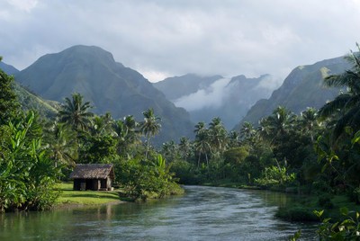 River flows through lush mountains