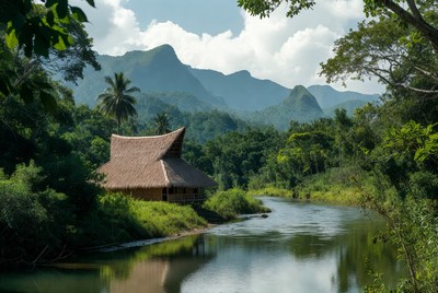 Mountain river with wooden house