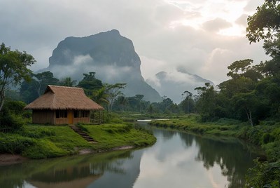 Hut near river with mountains in background