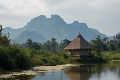 Hut by the river and mountains