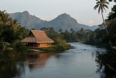 River hut near mountains at sunset