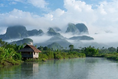 Mountain view with river and hut
