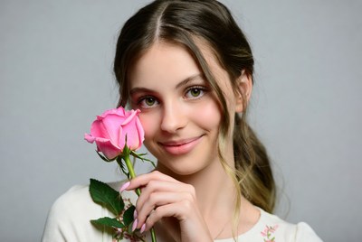 Young girl holding pink rose