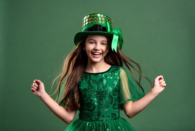 Girl celebrates with green outfit and hat