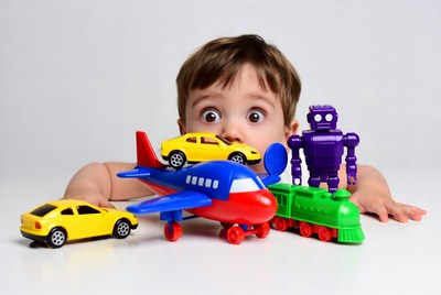 Child plays with colorful toys