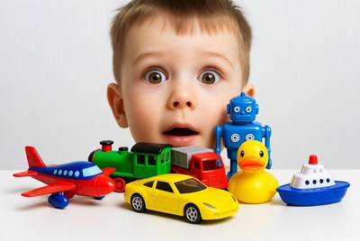 Child is surprised by colorful toys