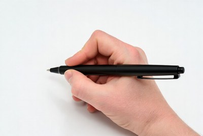Hand holding black pen on white paper