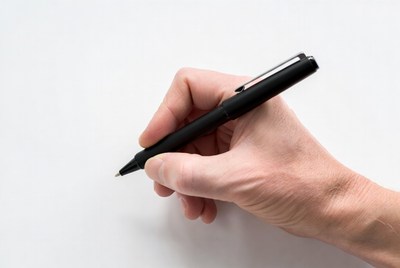 Hand holding pen on paper