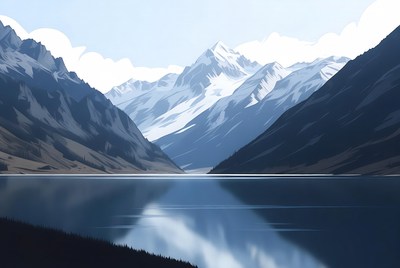 Mountains and lake reflection at noon