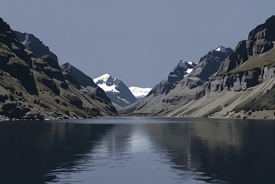 Snow-capped mountains and still lake view