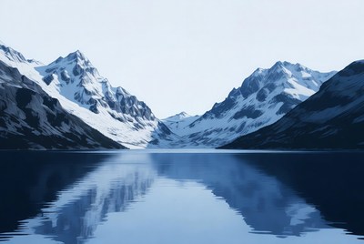 Snowy mountains reflect in lake