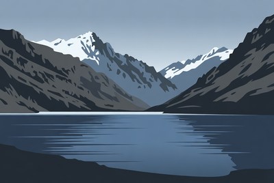 Snowy mountains beside still lake