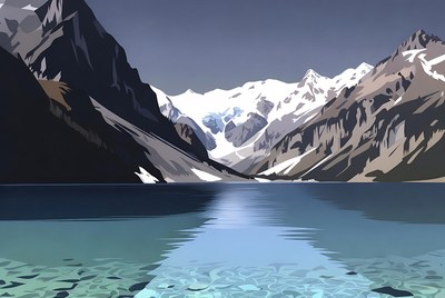 Mountain lake with reflections in sunlight