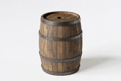 Wooden barrel standing on a white surface