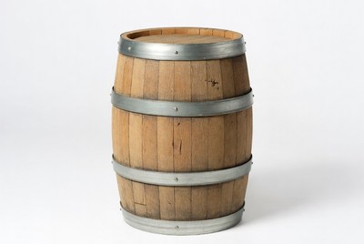 Wooden barrel with metal bands