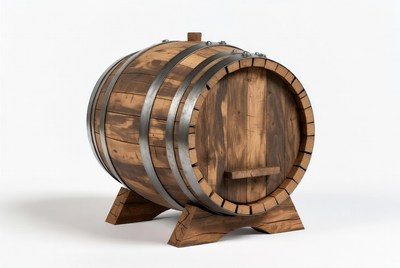 Wooden barrel stands on a wooden base