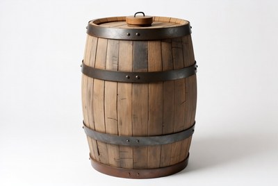 Wooden barrel with metal bands displayed