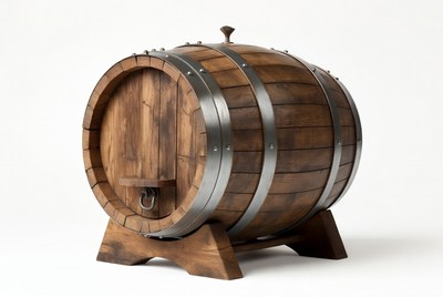 Wooden barrel on display in studio