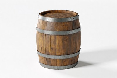 Wooden barrel with metal bands displayed