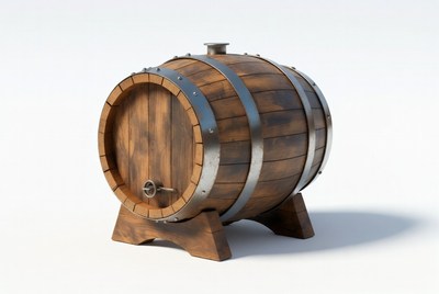 Wooden barrel on a stand display