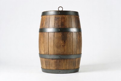 Wooden barrel standing upright on white background
