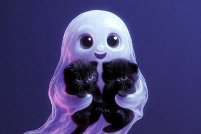Cute ghost holding black kittens