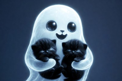 Cute ghost holding black kittens