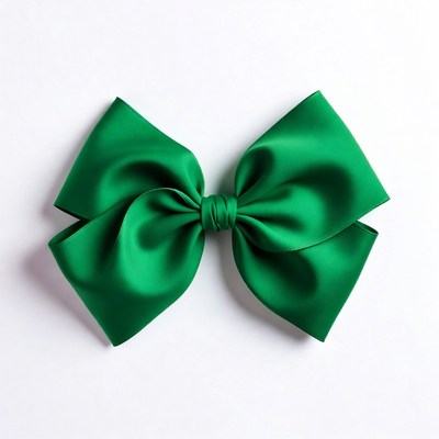 Green satin bow on white background
