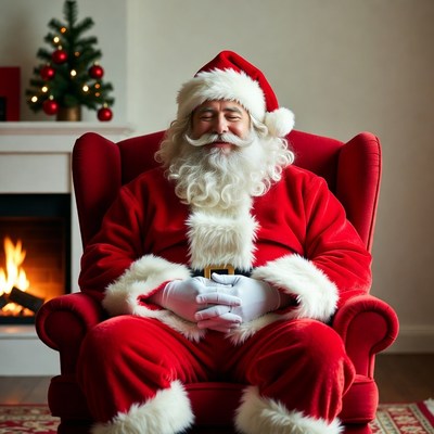 Santa seated by the fireplace