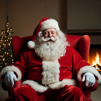 Santa claus sits by the fireplace