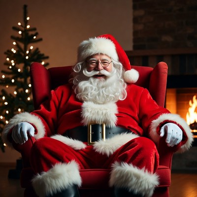 Santa claus sits by the fireplace
