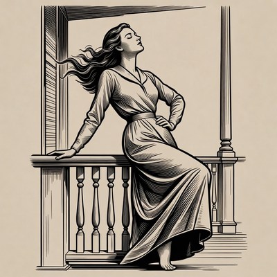 Woman on balcony with flowing hair